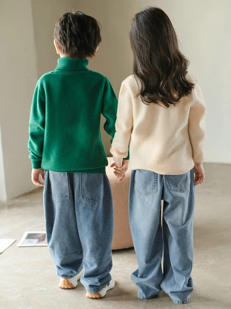 Boys Sweater Winter Childrens 100% Wool Thickened Warm Clothing Pullover Sweater Solid color High Neck Cashmere Bottom Sweater 2