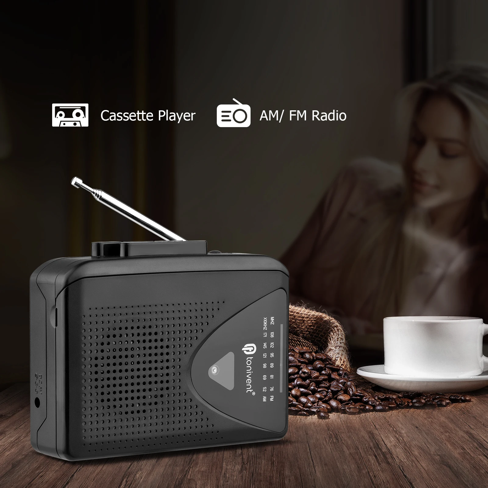 TONIVENT TON009 Portable Cassette Player AM/ FM Radio Auto Stop Mini Stereo Tape Player 3.5mm Earphone Jack Adjustable Volume