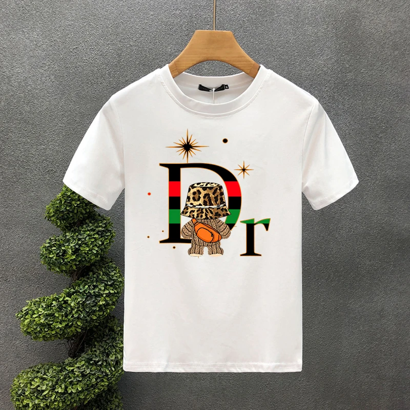 Summer American Tide Brand Dr Letter Leopard Print Back Bear Men's And Women's Casual Cotton Short Sleeve T-shirt_voghion.com