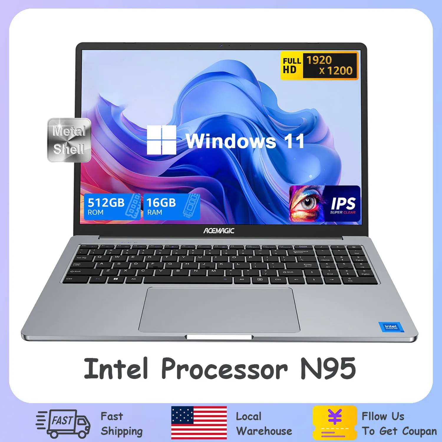 ACEMAGIC 16 Ultra Slim Laptop 16GB RAM 512GB SSD Intel N95 Notebook
