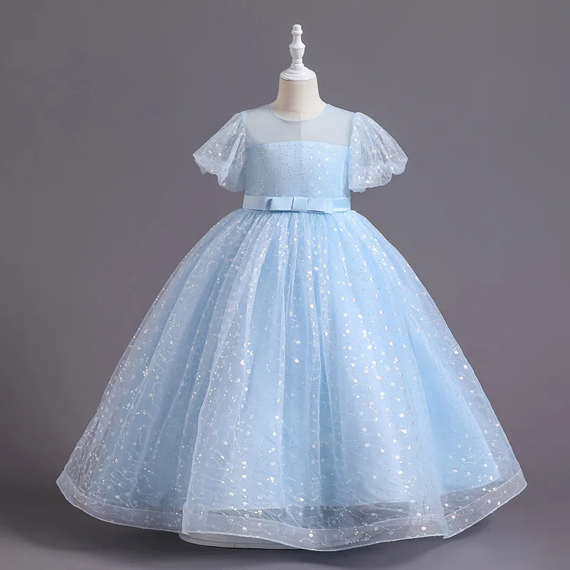 

Short Sleeves Puffy Blue Lace Flower Girl Dress for Weddings Ballgown Teen Party Communion Pageant Gown Vestidos