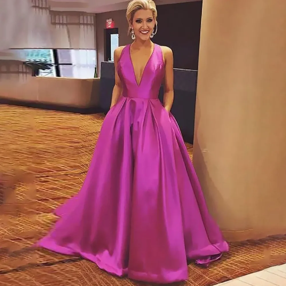 

2024 New Vintage Deep V Neck Evening Dresses Fuchsia Satin Formal Sleeveless Prom Gowns vestidos de fiesta Sweep Train Bow Back