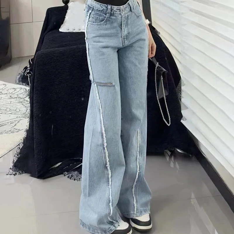 High Waist Women Jeans Luxury C Brands 2023 Summer New Fashion Retro Broken Hole Design Pants Loose Casual Straight Leg Pants