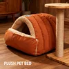 Cat Bed Semi Enclosed Winter Cat and Dog Bed with Leather Edging Windproof and Warm Small Animals in Cold Weather 5