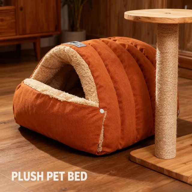 Cat Bed Semi Enclosed Winter Cat and Dog Bed with Leather Edging Windproof and Warm Small Animals in Cold Weather 5