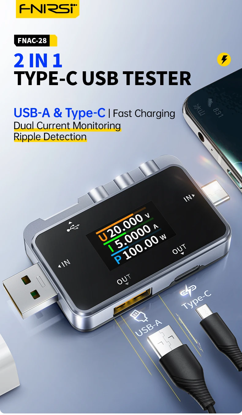 FNAC-28 тестер USB Type-C 2 в 1, цифровой амперметр и вольтметр 6.5А