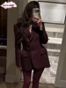 Elegant Wine Red Waist Up Wool Blend Long Jacket Women Chic Lapel Collar Single Breast Overcoat 2025 Autumn Lady High Streetwear 1