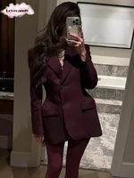 Elegant Wine Red Waist Up Wool Blend Long Jacket Women Chic Lapel Collar Single Breast Overcoat 2025 Autumn Lady High Streetwear 1