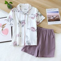 Summer new 100% cotton crepe ladies pajamas short-sleeved shorts two-piece simple fresh and cute homewear pajama set women - Image 4