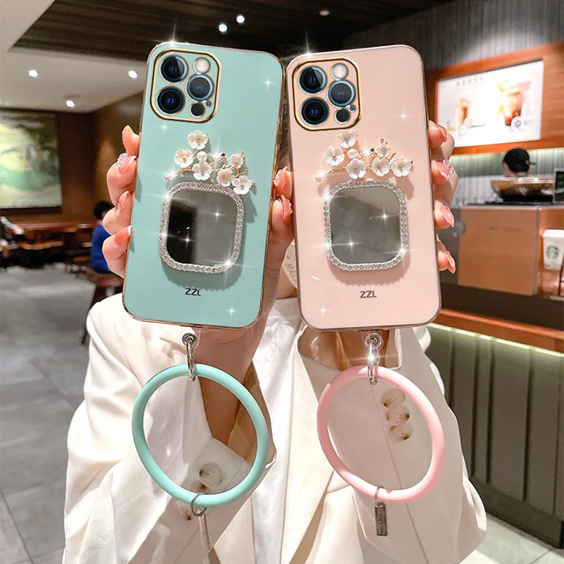 Carcasă oglindă pătrată cu brățară la modă pentru iPhone 15 Pro Max 14Plus 12Pro 13 Mini 11 7 8 Plus 6S X XR XSMax, culoare prună strălucitoare_voghion.com