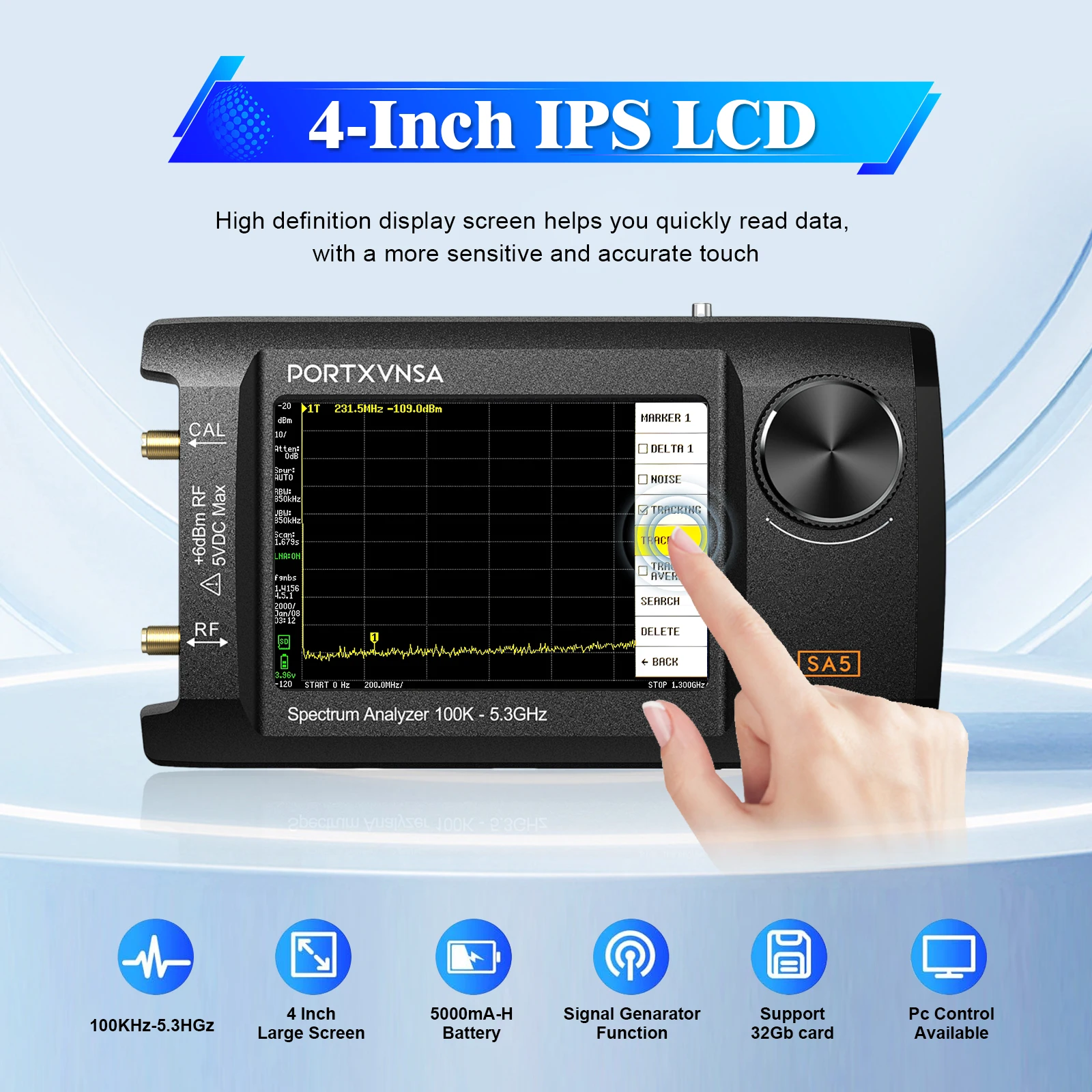 PORTXVNSA SA5 휴대용 스펙트럼 분석기 100KHz-5.3GHz 신호 발생기 4인치 IPS LCD RF 주파수 테스터 도구 내장 20dB