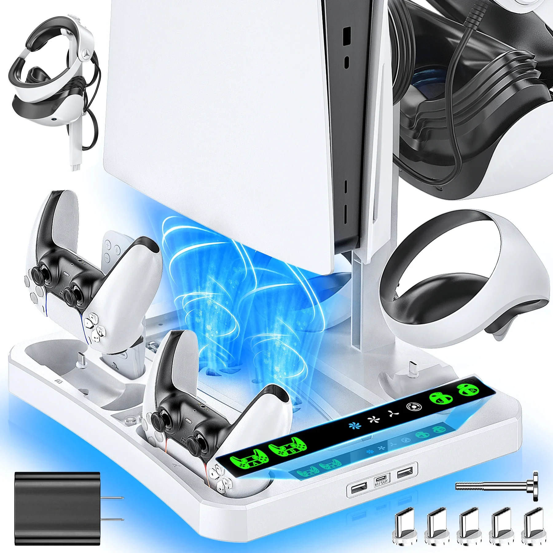 FOR PS5 & PS VR2 Charging Station with AC Adapter and 3-Level Cooling Fan for PS5 & PSVR 2 Controller Charger Dock Station