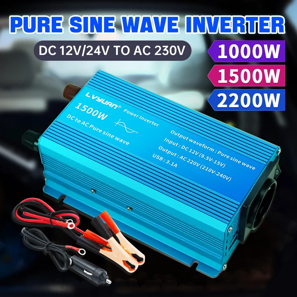 Car Converter 12V/24V To 220V Pure Sine Wave 1000W/1500W/2200W Solar Energy Battery Voltage Transformer 50Hz