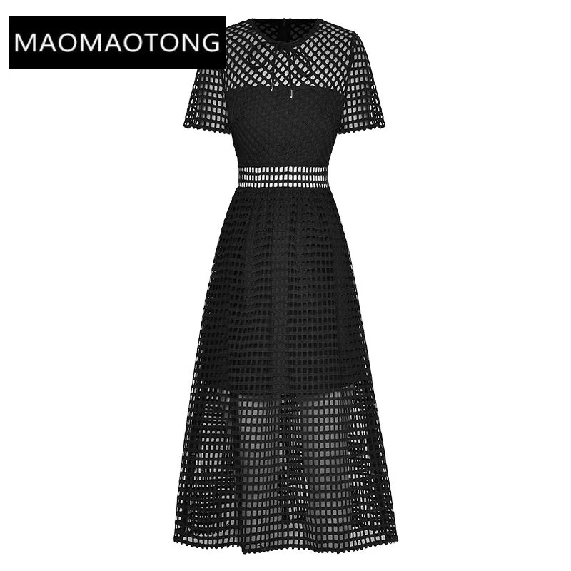 

2023 Runway Luxury Brand High Quality Summer Dress Women O-Neck Short Sleeve Geometric Hollow Out Black Vintage Midi Dresses