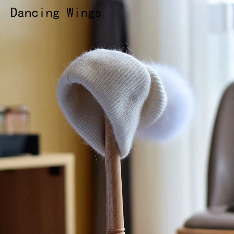 

Japanese Rabbit Hair Fox Fur Pompom Hat Female Designers Knitted Hat Autumn Winter Warm Ear Protection Hat Beanies Hat