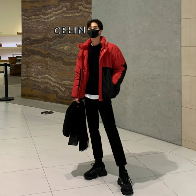 Cotton Coat Men's Winter Color Contrast Stand-up Collar Cotton Coat Korean Version Trend Loose and High-grade Feel Thickened
