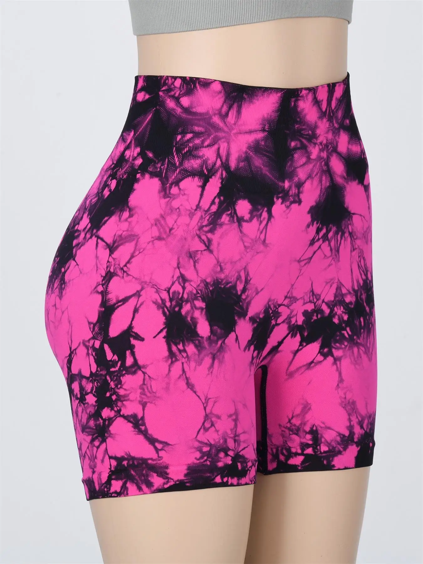 Damen-Sportshorts mit Batik-Print und geraffter Taille, lässige, bequeme, atmungsaktive, nahtlose Skinny-Shorts für Yoga, Fitness-Workout – Detail 24
