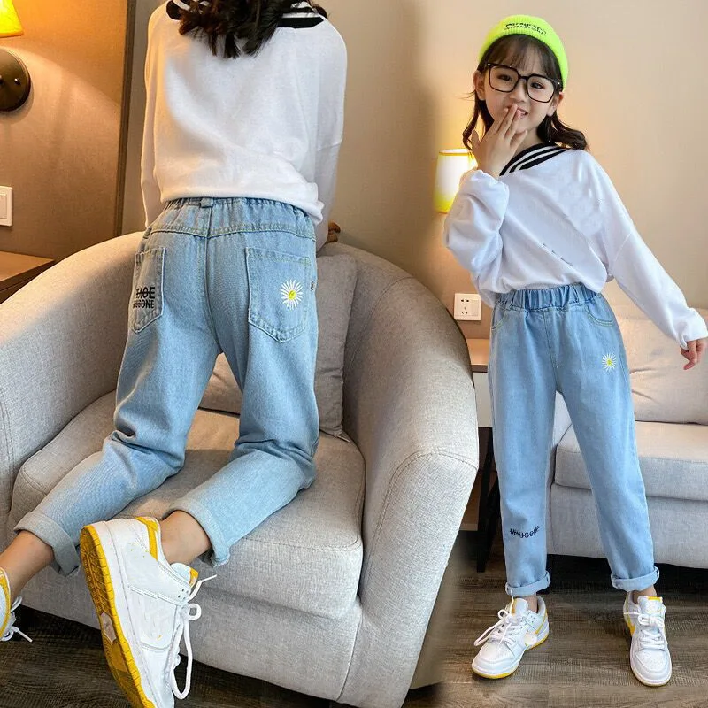 2-14 Years Spring and Autumn Casual Kids Embroidery Design Kids Jeans  Trousers For Girls Jeans Pants Teen Children's Clothing