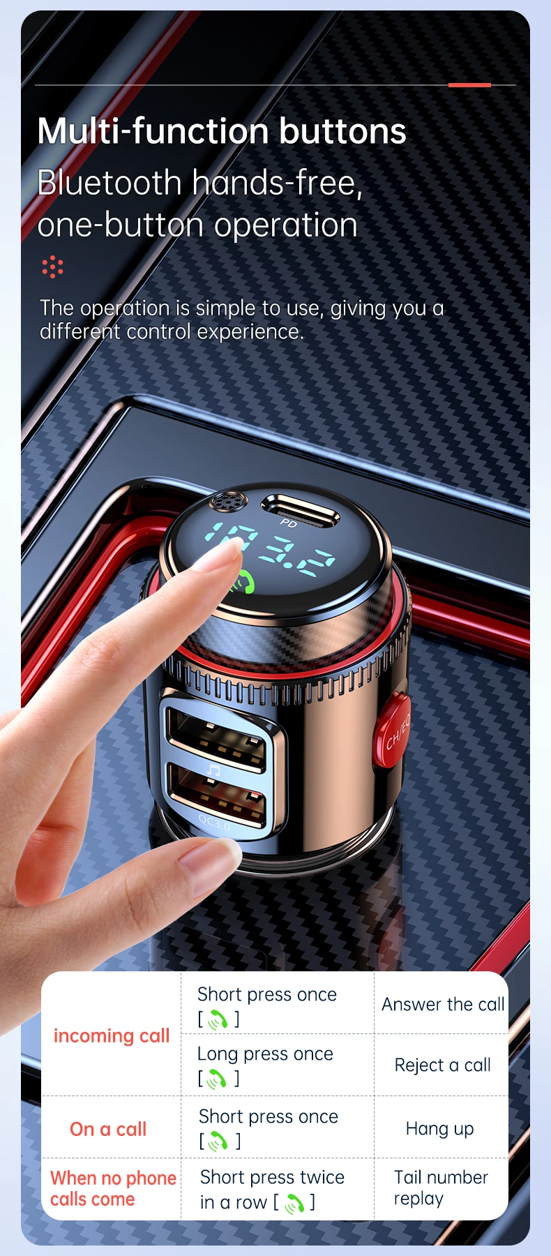 Bluetooth 5.4 Car Adapter Wireless AUX FM Transmitter USB C&QC3.0 PD 30W Fast C