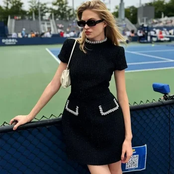 Talenza Women's Elegant Tweed A-Line Dress Solid Slim Fit Y2k Short Sleeve Dress Retro O-Neck Patchwork Luxury Evening Dress 1