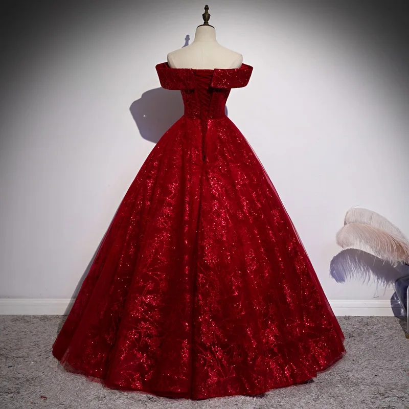 Red Evening Dress New Off The Shoulder Classic Elegant Ball Gown Sleeveless Sequined Tulle Banquet Shinning Host Customized party dress