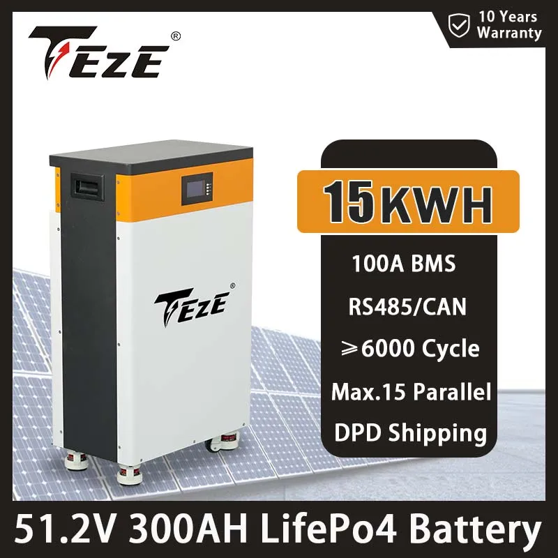 

TEZE 15KWH Powerwall 48/51.2V 300Ah LiFePO4 Battery Built-in BMS System RS485/CAN 6000 Cycles For Home Solar Storage EU Tax Free