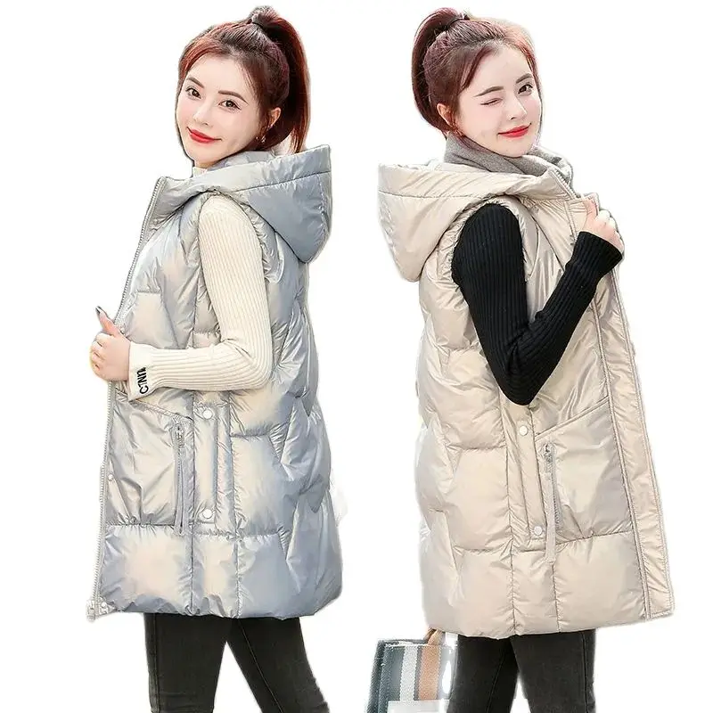 

2023 New Waived Wash Glossy Down Cotton Women Vest Medium Long Autumn Winter Add Thick Hooded Coat Keep Warm Waistcoat Female