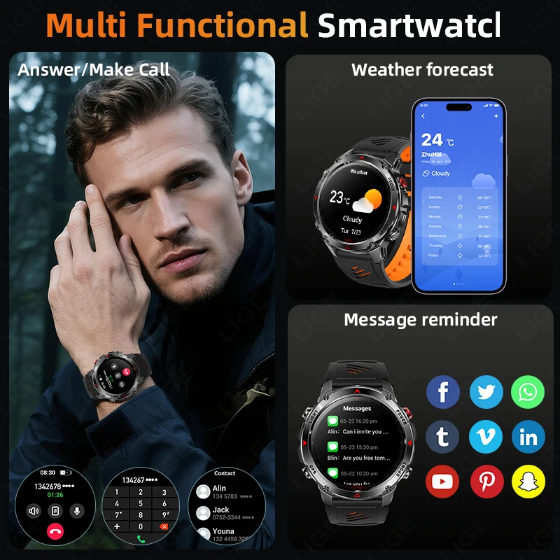 LIGE GPS Sports Smart Watch Men HD Full Touch Screen 500mAh Battery Waterproof Flashlight Compass Bluetooth Call Smartwatch Men