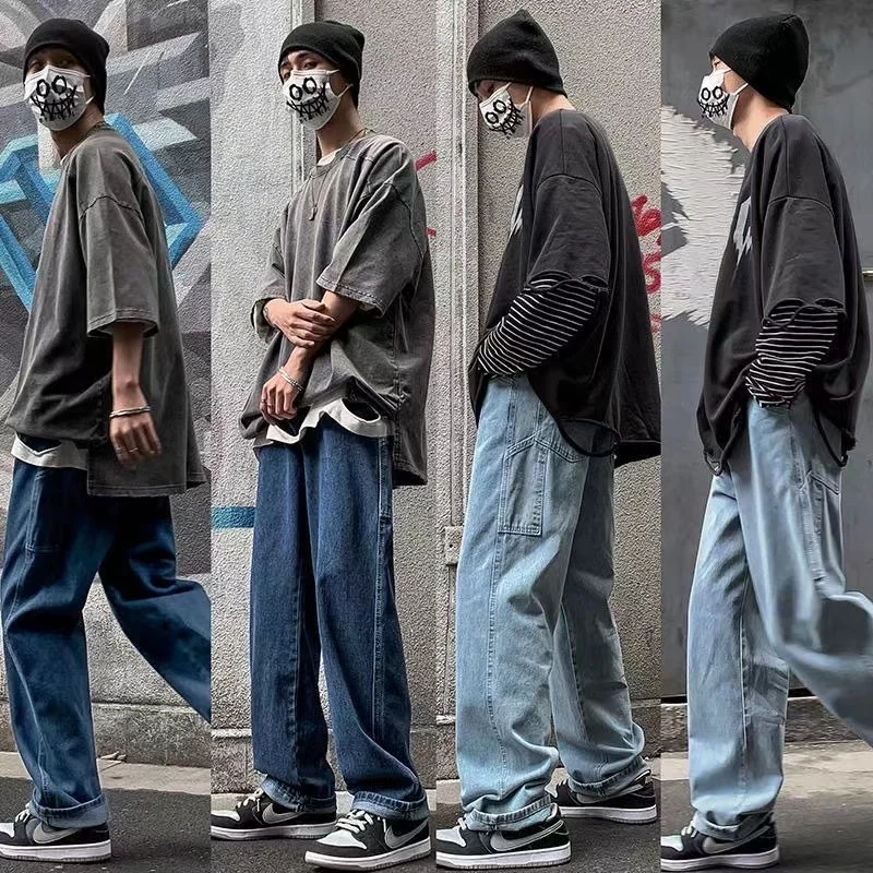 Harajuku Chic Straight Pants Men Jeans Men's High Street Vintage Jeans Korean Loose Straight Floor Mops Spring Overalls