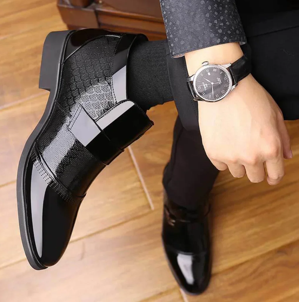 Luxury Patent Leather Business Chelsea Boots Mens Winter Ankle Boot Thick Artificial Fur Snow Boots Hombre Dress Shoes men chelsea boots