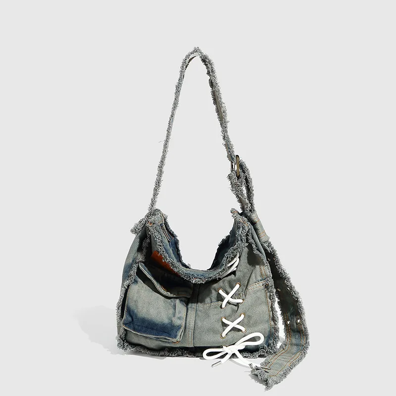 Women's Denim Shoulder Bag Big Capacity Y2K Hot Girl Vibe Distressed Washed Denim Retro Small Batch Wasteland Style Tote