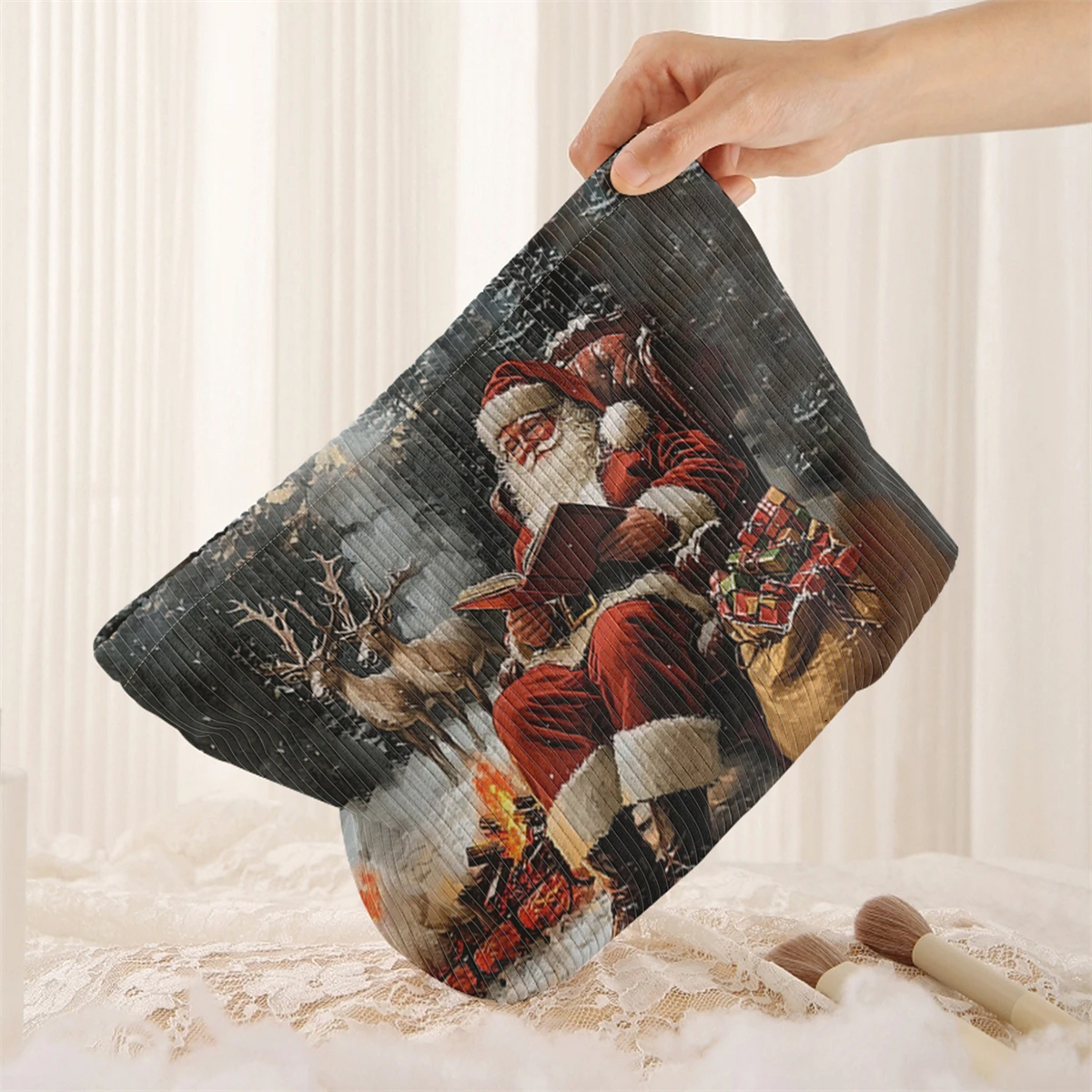 1 Christmas themed corduroy makeup bag, lightweight zipper makeup storage box, multifunctional bag with lining