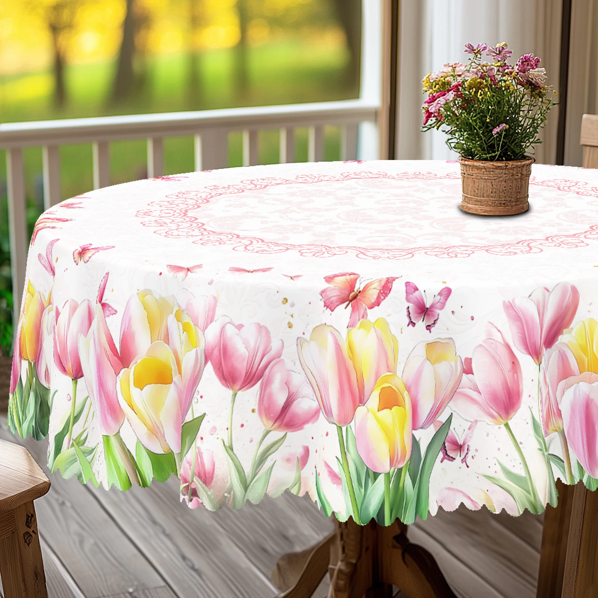 1 Piece of Tulip Flower Round Tablecloth, 5 Sizes Available, Butterfly Flower Pattern Printed Tablecloth, Edge Embossing Process, Spring Garden Tablecloth Decoration, Tablecloth for Daily Home Kitchen, Terrace, Spring Decoration, Home Decoration 2