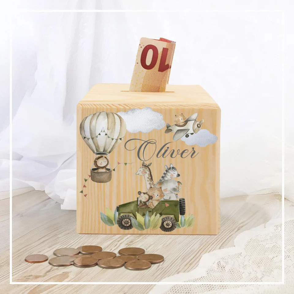 Personalisierte Spardose mit Tiermotiv und Namen, Spardose aus Holz, ideal als Geschenk zum Kindergeburtstag, zur Taufe oder Babyparty_voghion.com