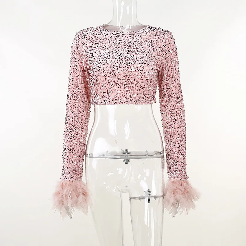 Pink Sequin Top Y2k Streetwear Women O-neck Long Sleeve Crop Top T-shirt  Sexy Night Club Party Tops With Feather - T-shirts - AliExpress