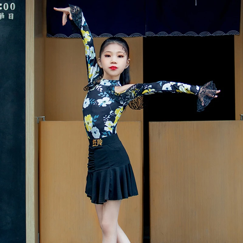 

Kids Chacha Samba Rumba Ballroom Dance Clothes For Girls Printed Latin Top Skirt Child Latin Dance Performance Costumes SL9735