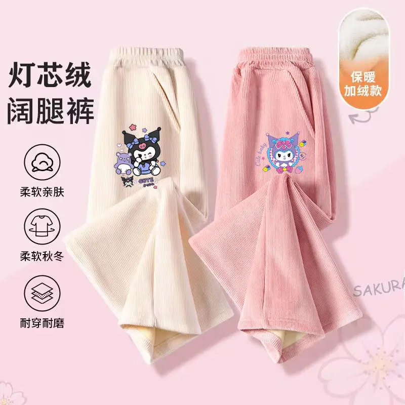 

Hello Kitty Kuromi Girls Plus Fleece Pants Kawaii Sanrio Anime Autumn Winter Cute Cinnamoroll Straight Casual Trousers Kids Toys
