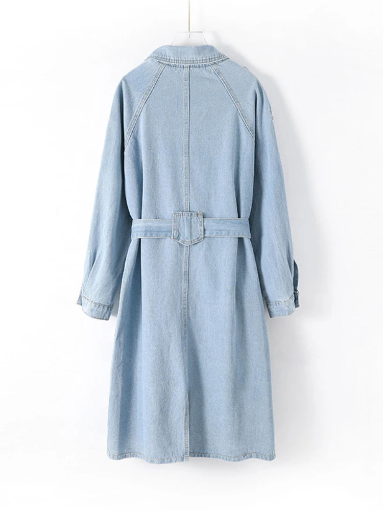 New Long Denim Jacket Autumn/Winter Turn-down Collar Single Breasted Solid Office Lady Denim Trench Coat for Women Clothing