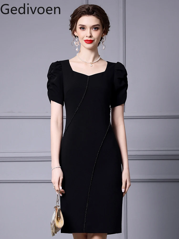 

Модельное платье Gedivoen, летнее женское платье с пузырьковыми рукавами, однотонная трехмерная декоративная юбка с запахом на бедрах