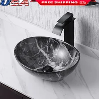 Marbling Ceramic Vessel Sink Set with Pop Up Drain Bathroom Sink Above Counter 1