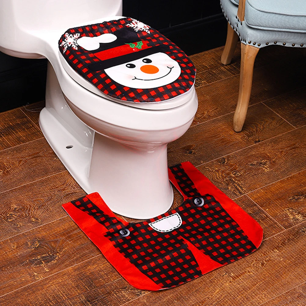 Christmas Toilet Seat Cover And Rug Set - 3-Piece Bathroom Decor With Toilet Mat & Lid Cover For Holiday Home Decorating