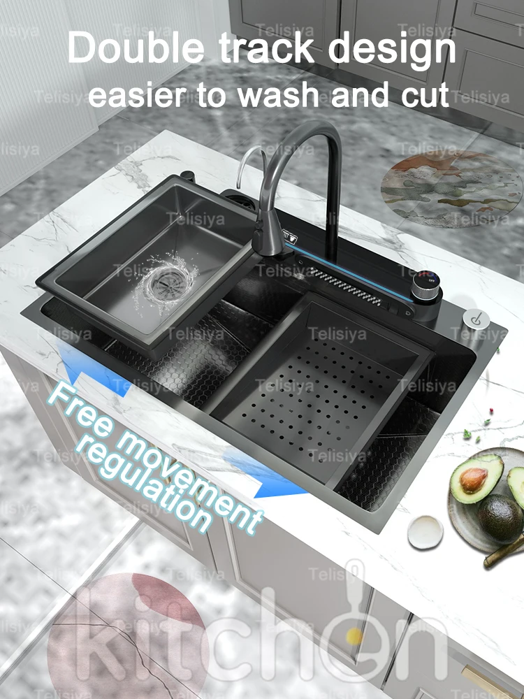 Description Picture 2 of itemStainless Steel Waterfall Kitchen Sink Multifunctional Large Single Slot Embossed Vegetable Dishwashing Wash Basin