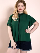 

Plus Size Blouse Women 2021 Autumn Ruffles Short Sleeve Green Stand-up Collar Lace Casual Blouse Loose Oversized Ladies Tops