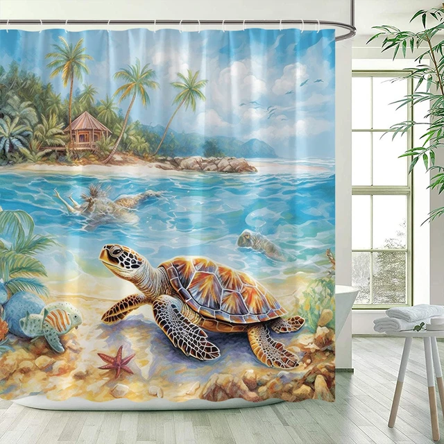 Ocean Sea Turtle Shower Curtains Island Coconut Trees Starfish Oil