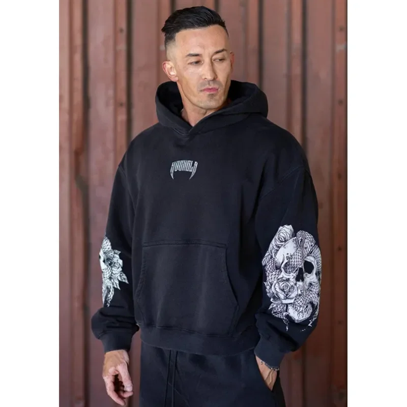 Men Hooded Sweatshirt Younglaa American Style Vintage Trendy Men's Hooded Sweatshirt Autumn/Winter Sports Fitness Running Training Hooded Sweatshi