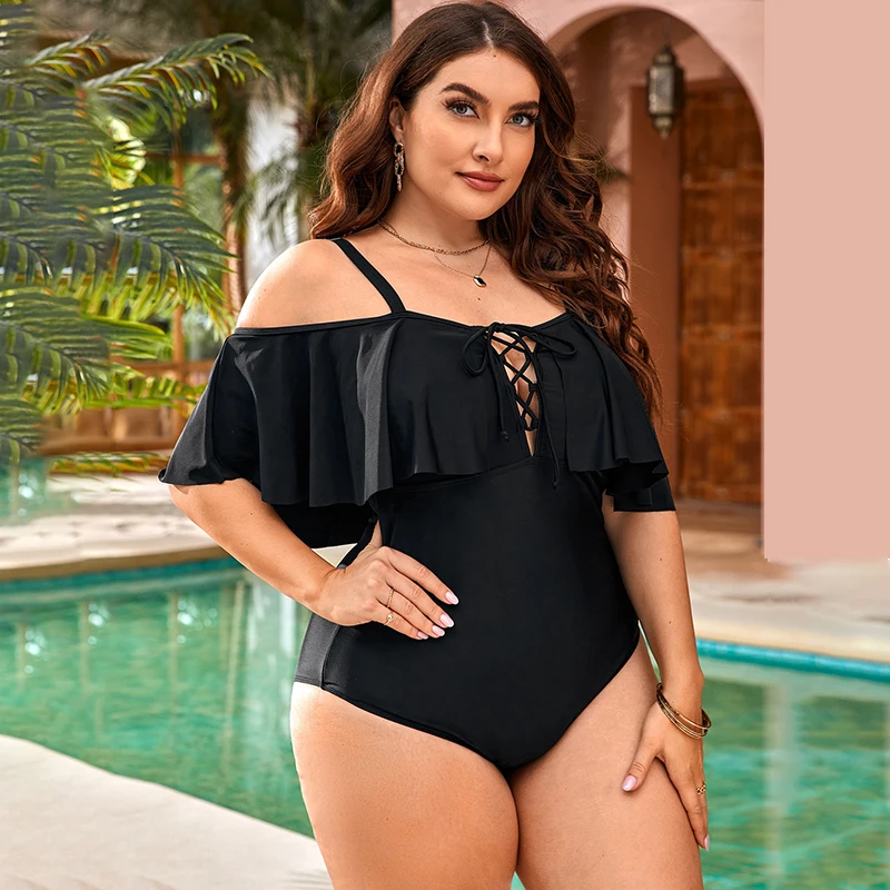 One-Piece Swimwear with Lace Up for Women, Black Bikini, Plus Size, 4XL Swimsuit