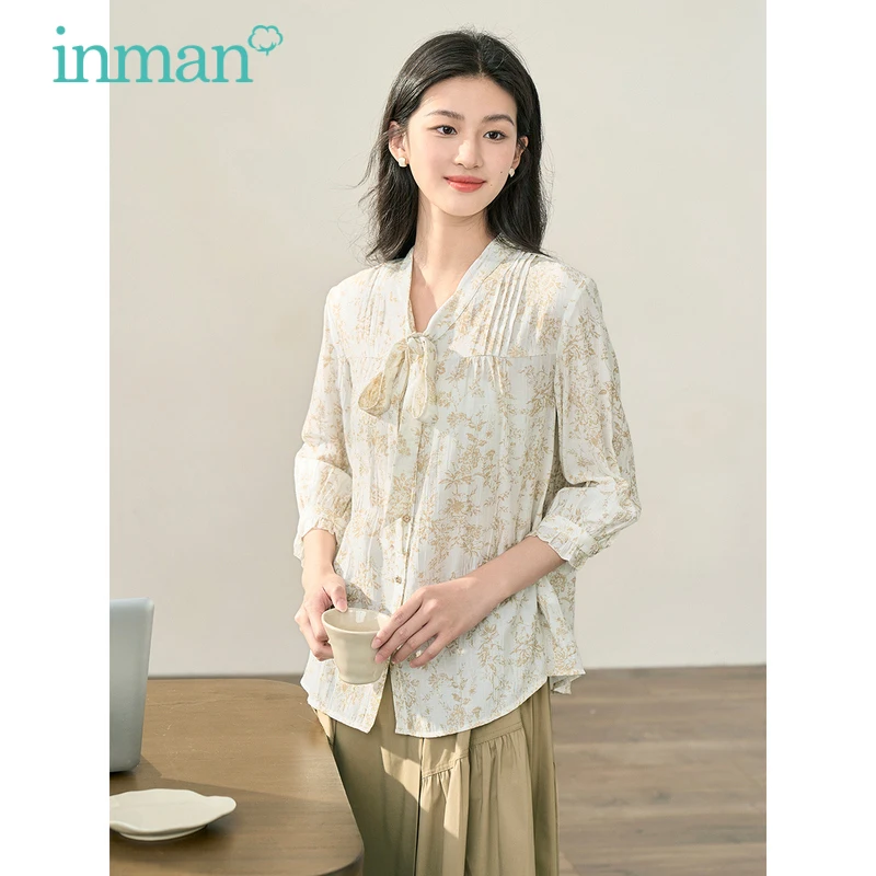 

INMAN Women Blouse 2023 Autumn Three Quarter Sleeve Lace Up Neckline Loose Shirts Vintage Printed Pleated Texture Apricot Tops