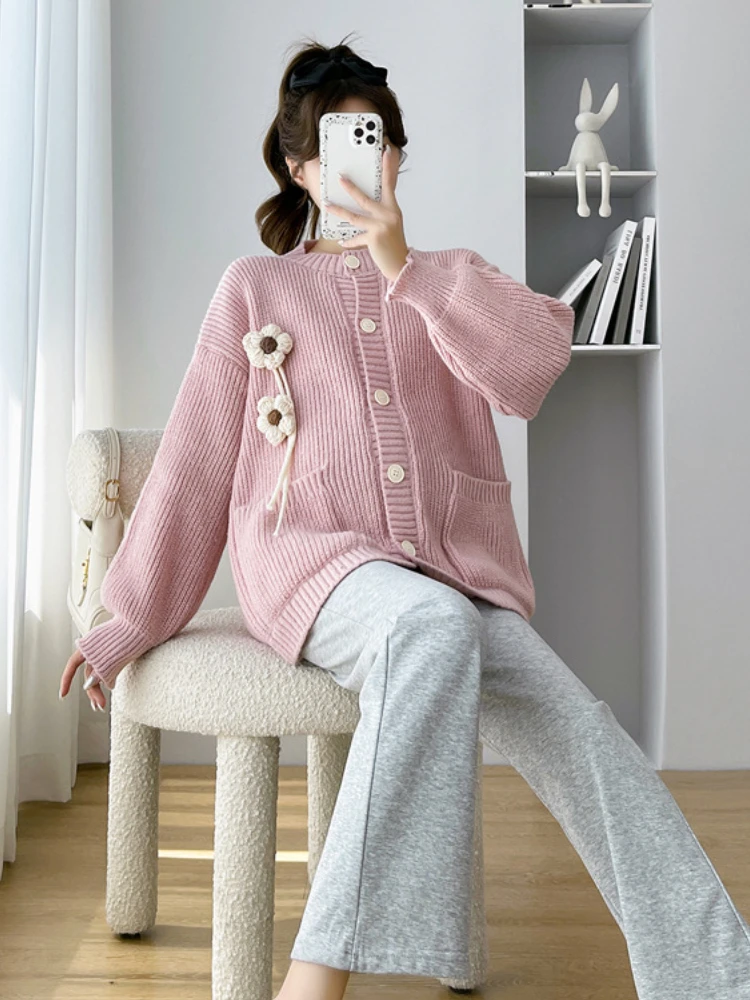Autumn Winter Fashion Knitted Maternity Cardigan Coats Sweet Lovely Loose Sweaters Clothes for Pregnant Women Pregnancy Top