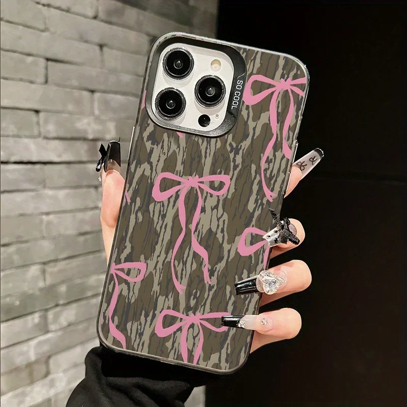 Camouflage Pink Bow Pattern Phone Case, Creative Phone Case Compatible with iPhone 11, 12, 13, 14, 15, 16 17 Pro Max Plus