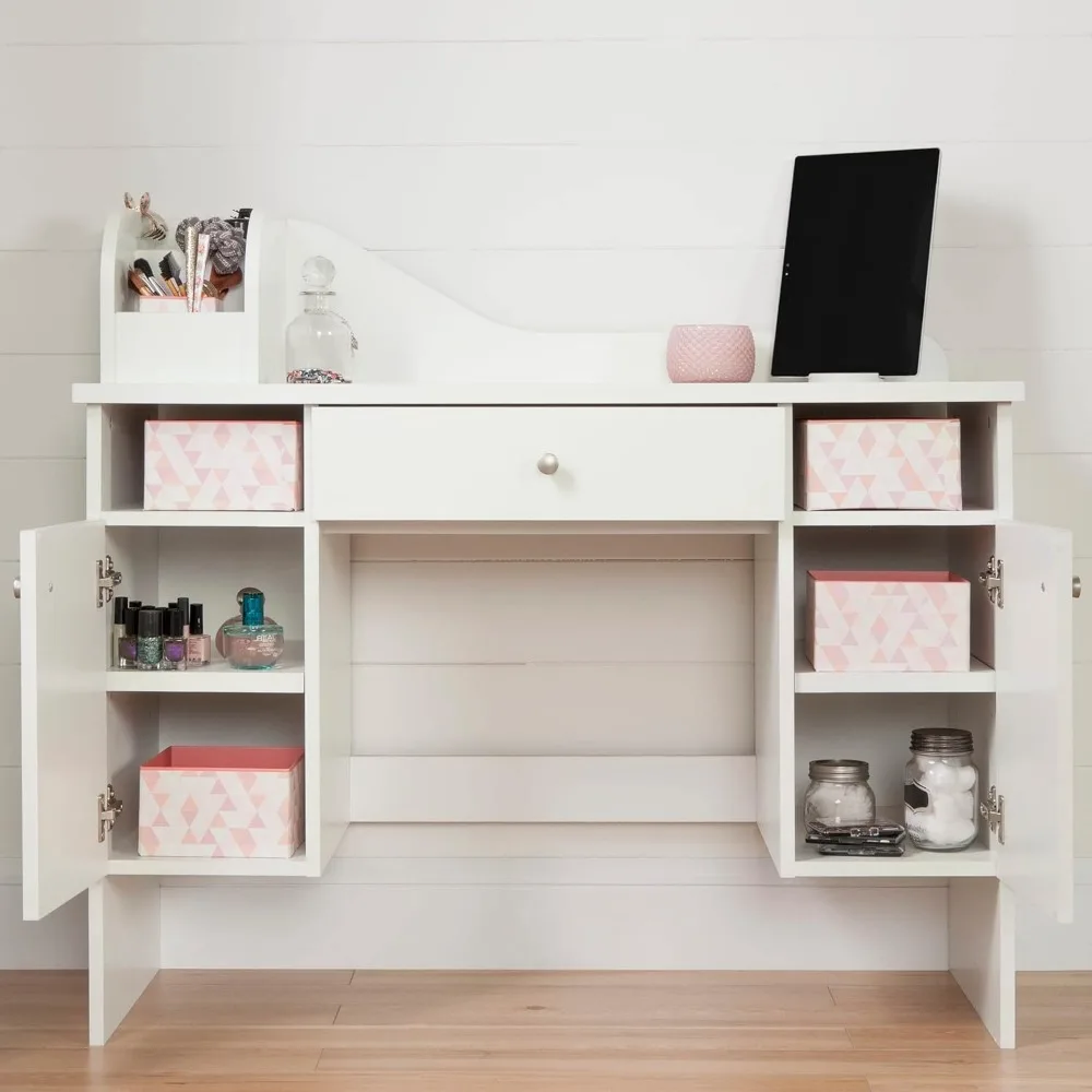 Make-up Dressing Table with 2 Doors and Storage Baskets, Pure White 6